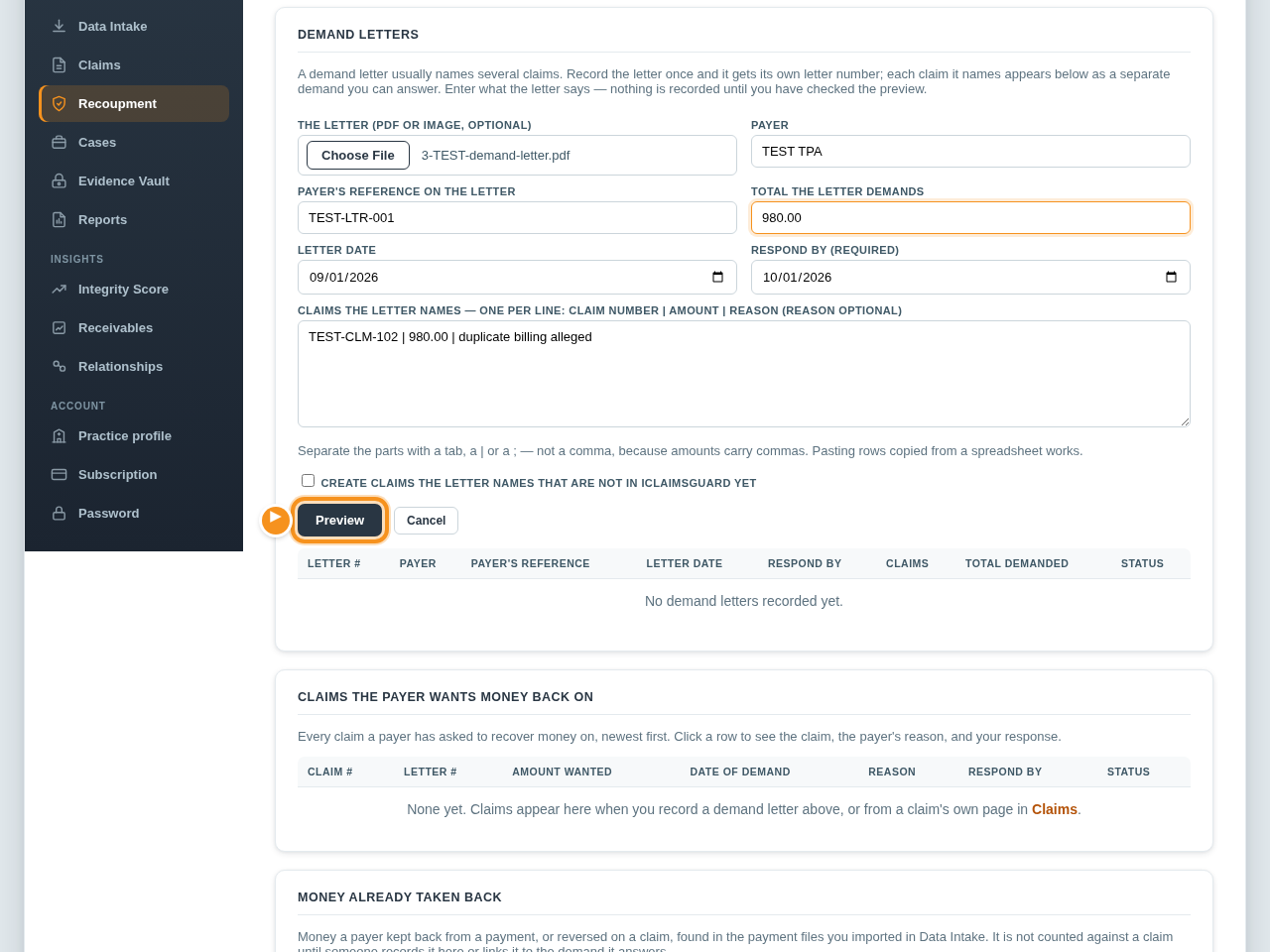 The Start from a demand letter form: payer TEST TPA, reference TEST-LTR-001, total 980.00, letter date, respond-by date, and one claim line, with the sample letter attached.