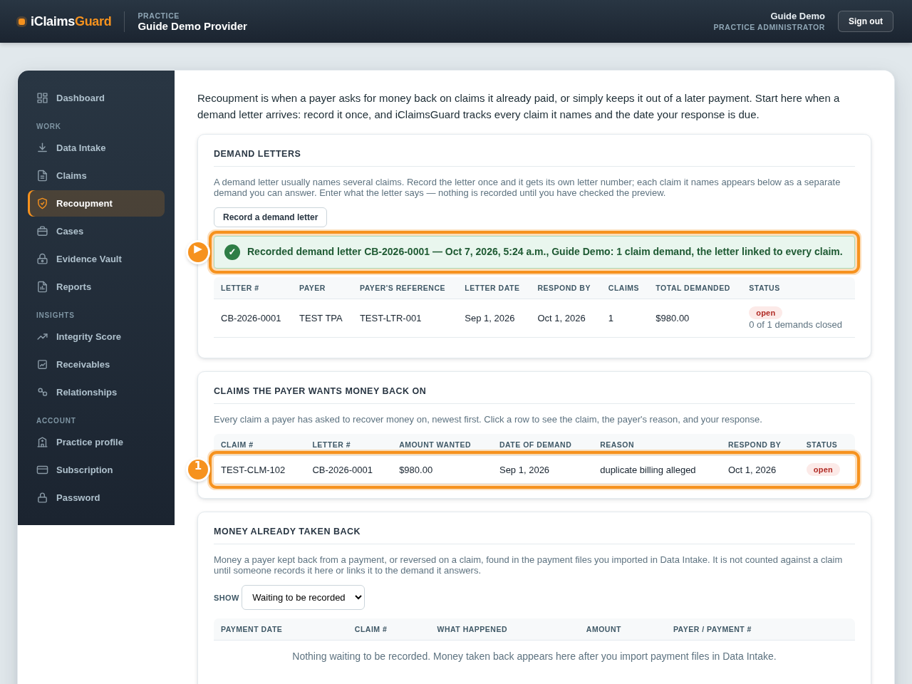 Recoupment page after the letter is recorded: clawback CB-2026-0001 from TEST TPA for $980.00, and its demand on claim TEST-CLM-102, open, respond by October 1, 2026.