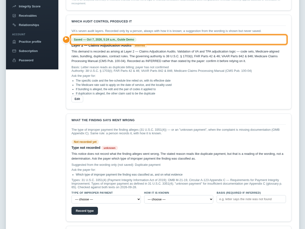 The demand view with the audit layer recorded as Layer 2, Claims Adjudication Audits, inferred, with its governing authority and a list of what to ask the payer for.