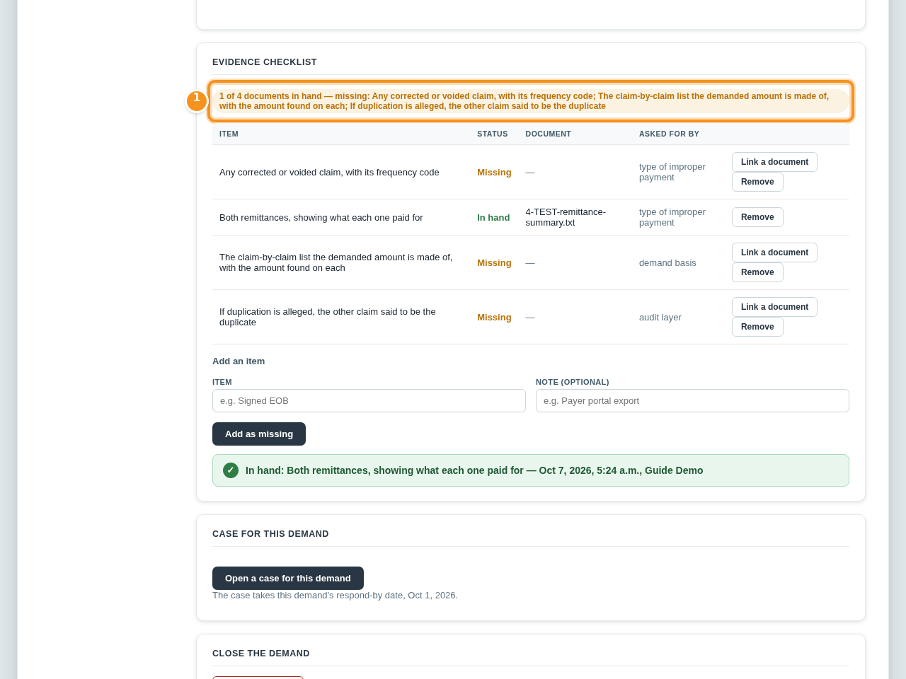 The evidence checklist for the demand: one of four documents in hand, the remittance summary linked, the other items still missing.
